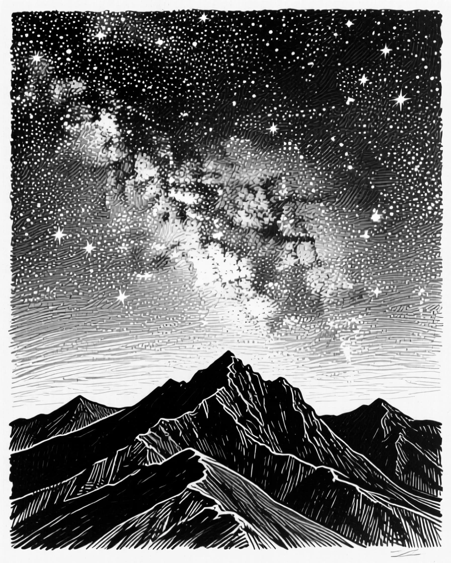 A vast starry sky glowing above a silhouetted mountain ridge.