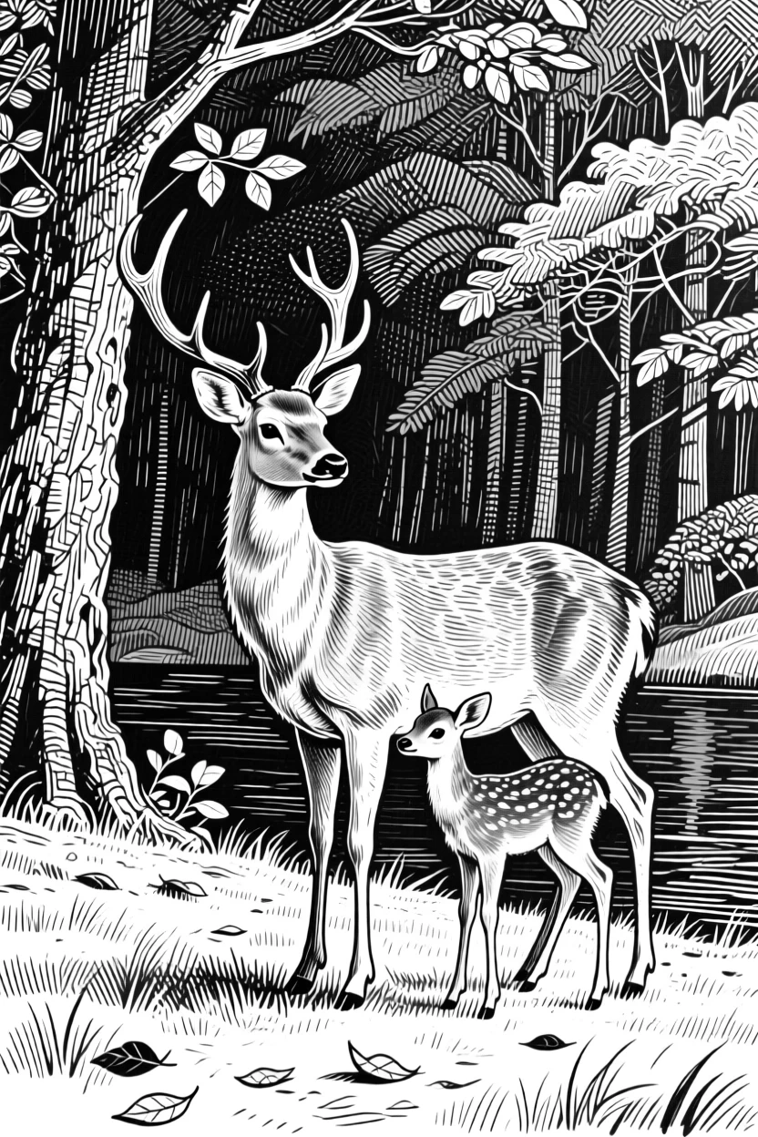 A grazing deer at the edge of a quiet forest, with its young close beside it, capturing a calm and dignified moment in nature with a strong, centered focal point.