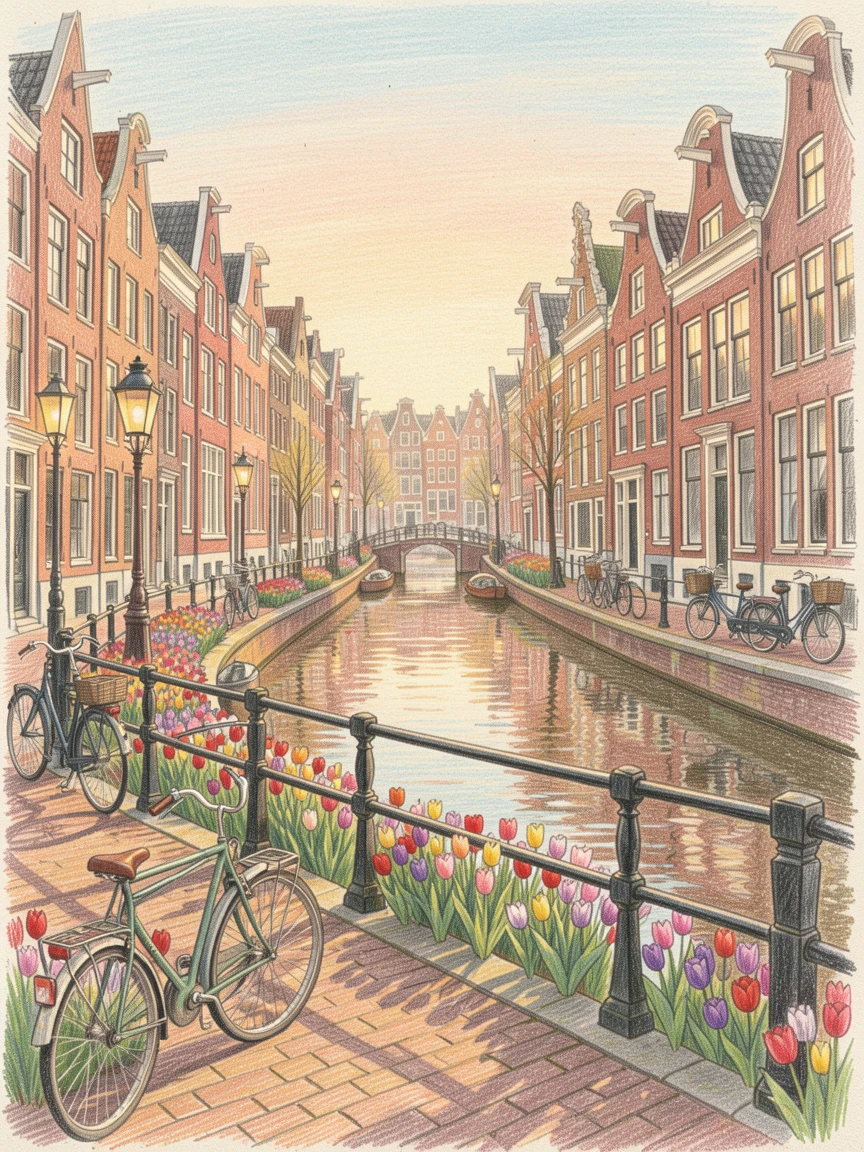 The canals of Amsterdam lined with tulips and bicycles, with warm light casting long shadows across the scene, evoking wanderlust and the magic of far-off places.