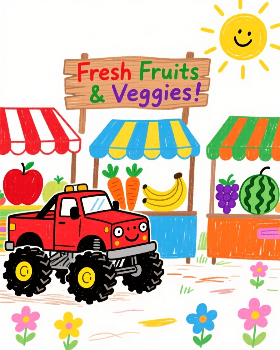 A rugged monster truck parked beside a colorful farmers market.