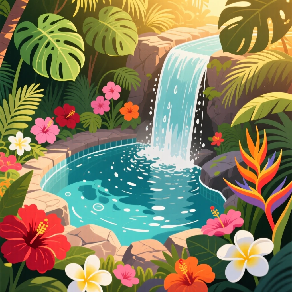 A hidden waterfall pool surrounded by tropical flowers, under warm golden hour lighting, shown from an elevated viewpoint overlooking the scene, with a fresh, crisp clarity that highlights every detail.