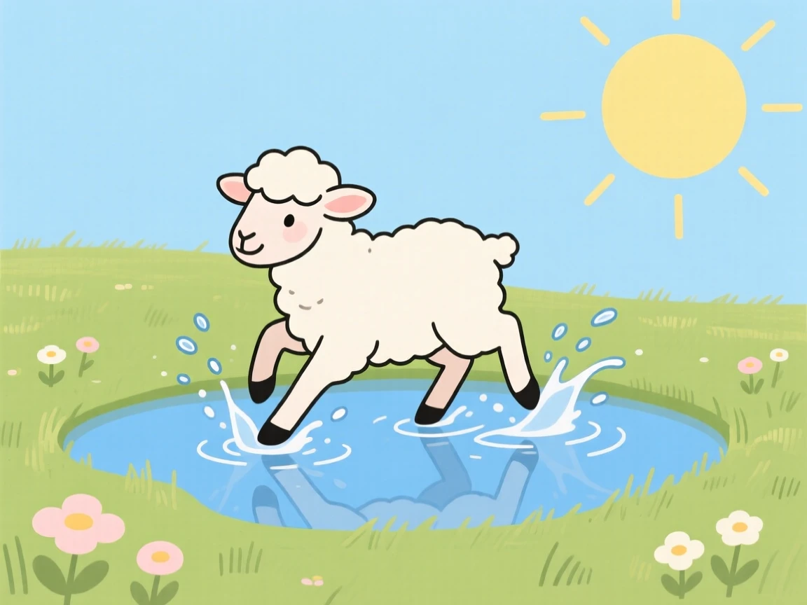 A playful lamb splashing in a puddle in a sunny meadow.