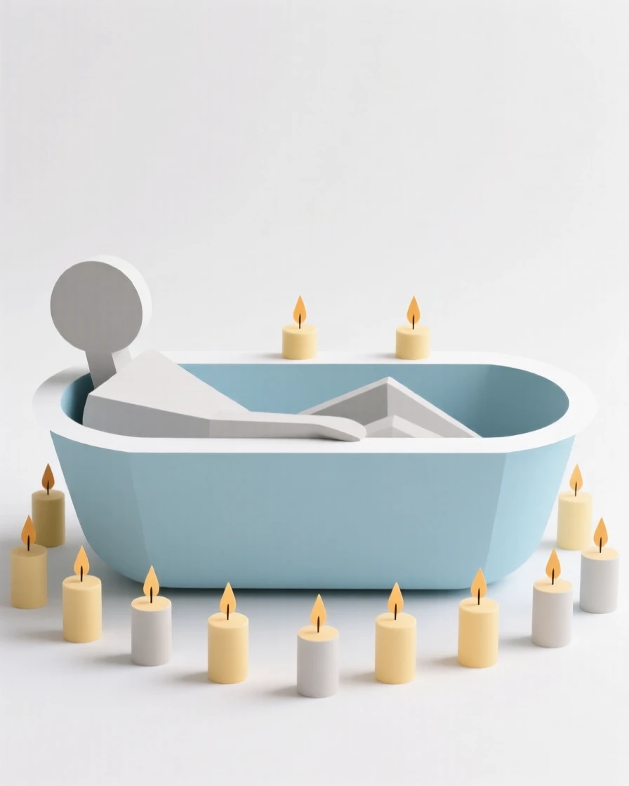 A person relaxing in a bathtub with candles
