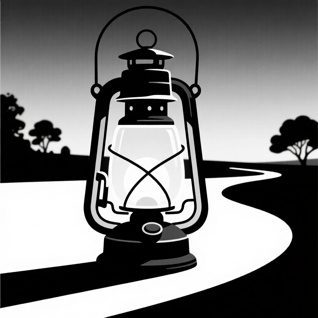 An old lantern glowing softly at dusk.