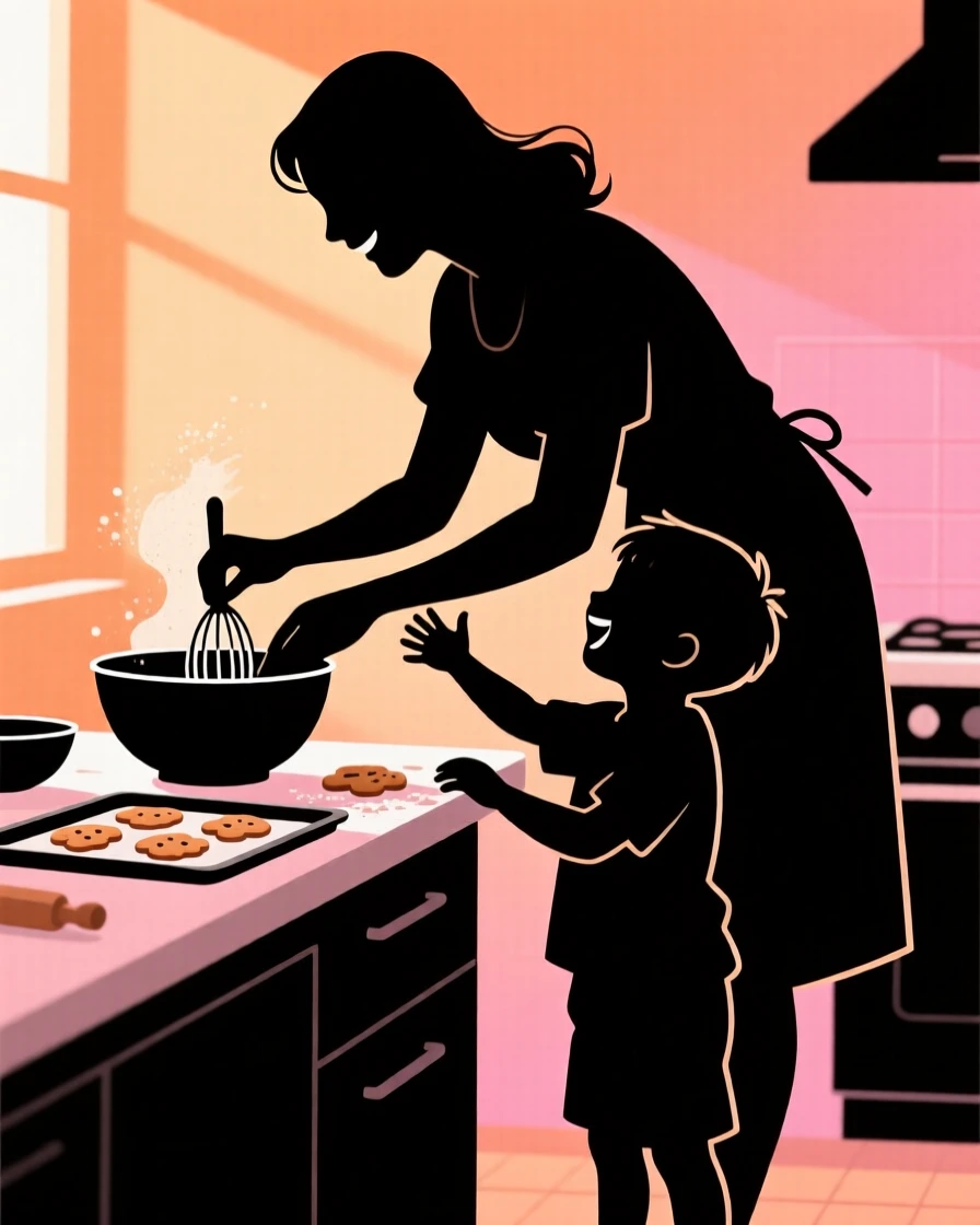 A mother and son baking cookies together, both covered in flour and laughing.