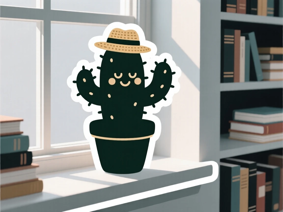 A peaceful potted cactus wearing a tiny hat, resting on a windowsill in the morning light, in a study filled with books.
