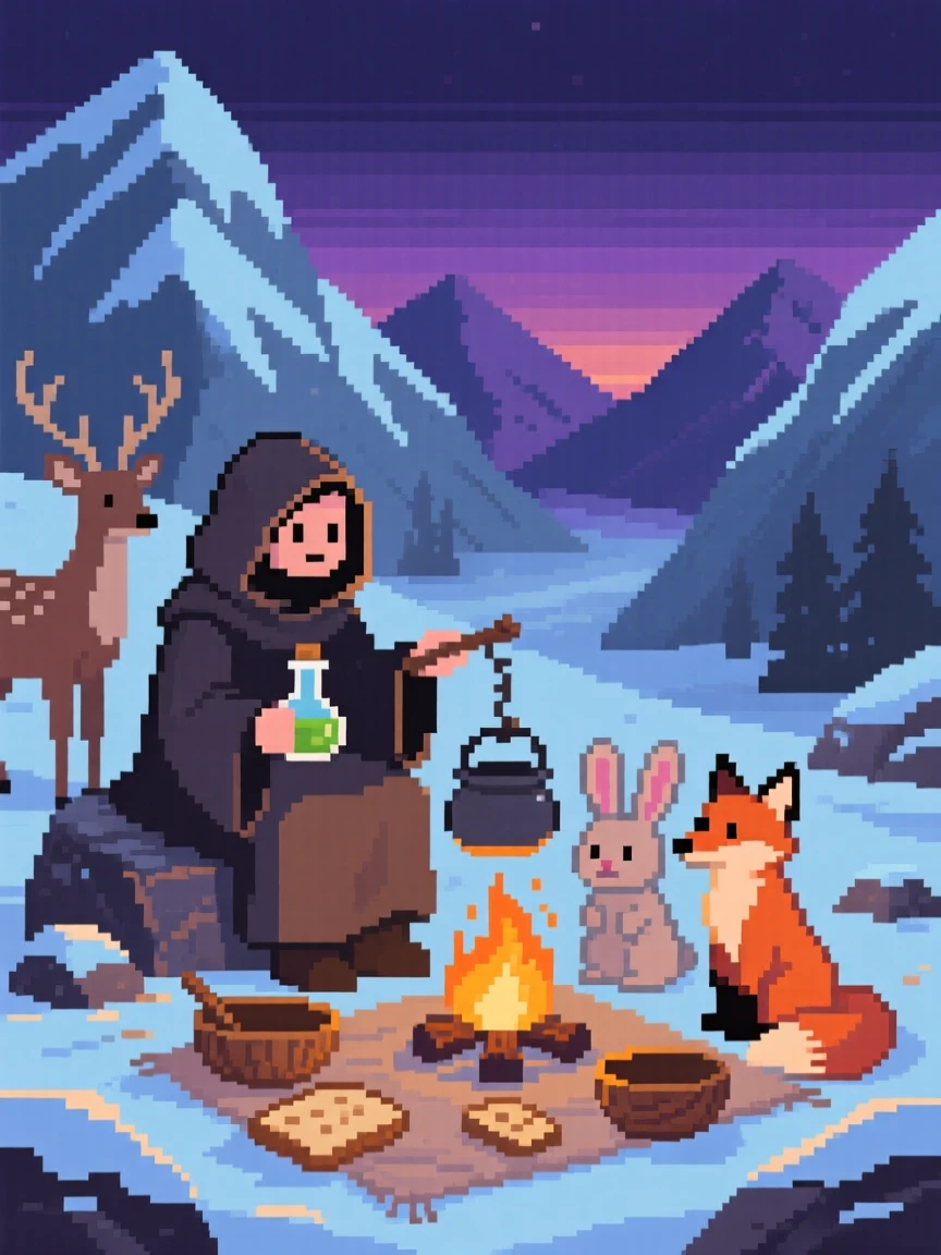 A cloaked alchemist mixing potions sharing a meal with woodland creatures, in a snowy mountain pass at dusk.