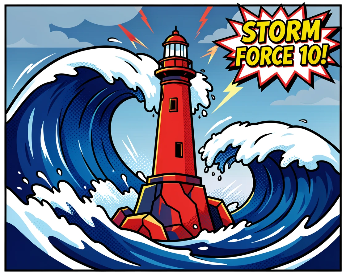 Massive waves crashing against a rocky lighthouse during a storm