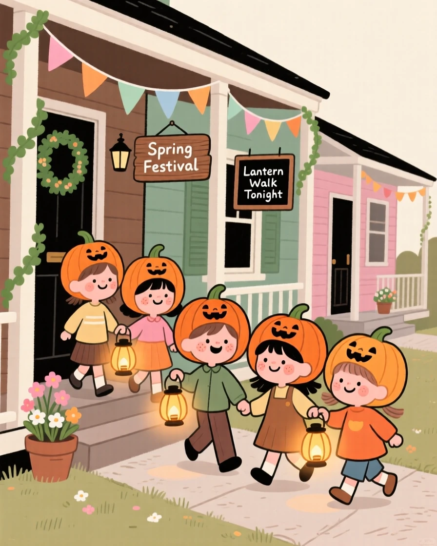 Children in little pumpkin hats carry lanterns through a row of porches decorated for a spring festival, giggling at every doorway.
