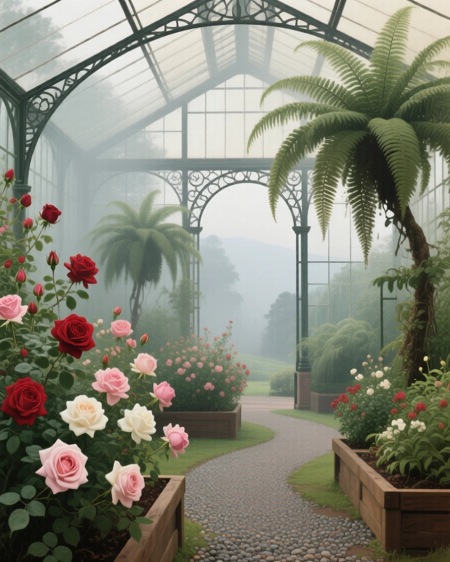 An expansive vista of a greenhouse filled with blooming roses and hanging ferns, in thick fog, in an Indian hill station.
