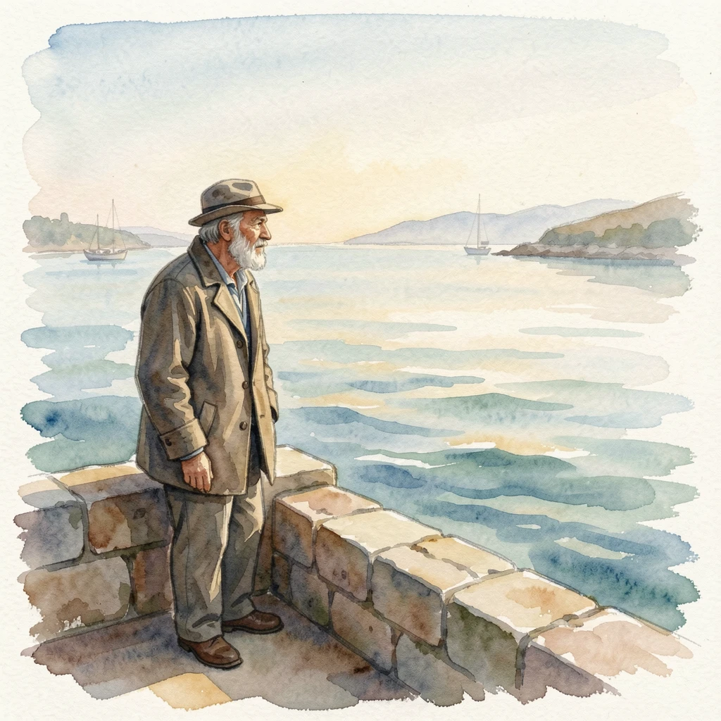 An old sailor gazing out at the sea from a harbor wall in a peaceful, unhurried moment.