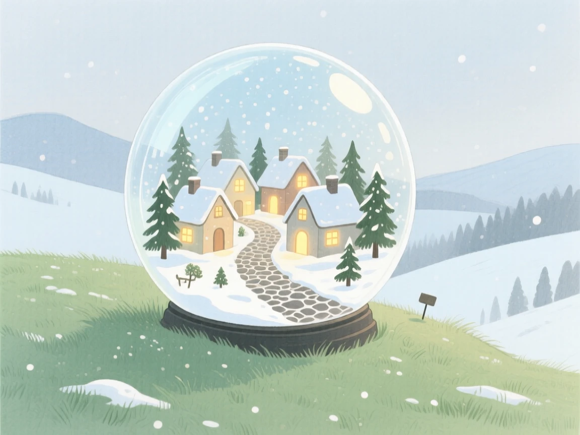 A snow globe world sits atop a hill, its glass dome revealing a tiny glowing village inside