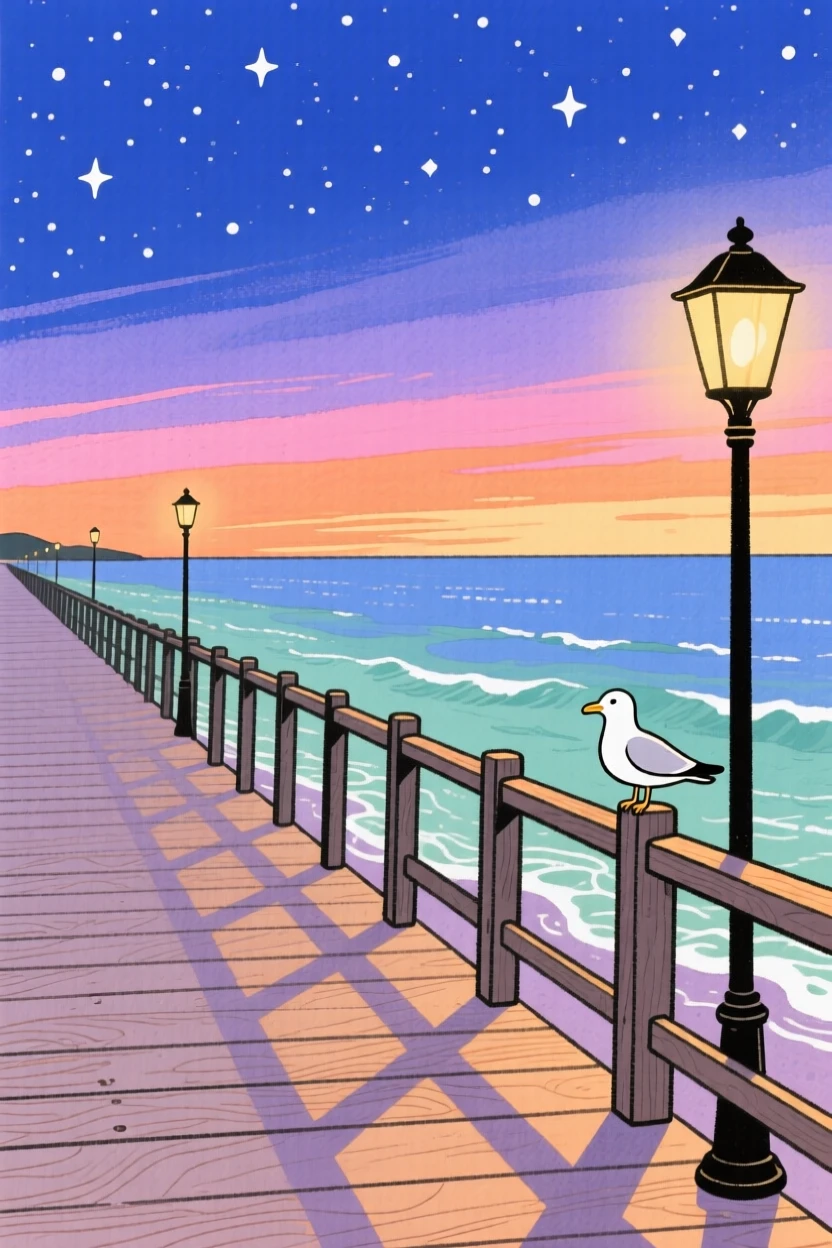 A coastal boardwalk at sunset, peaceful and vast, beneath a starry night sky.