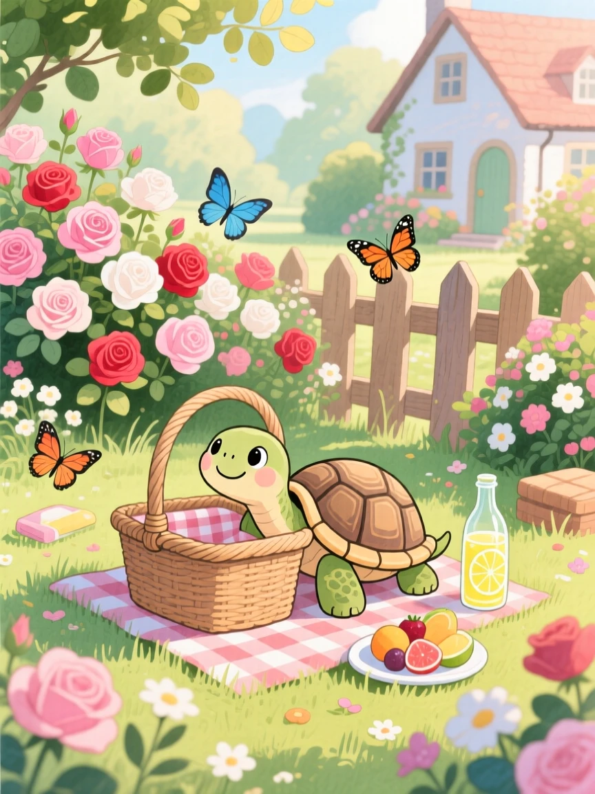 A tiny turtle poking its nose into a picnic basket, set in a sunny cottage garden overflowing with roses, full of playful curiosity.