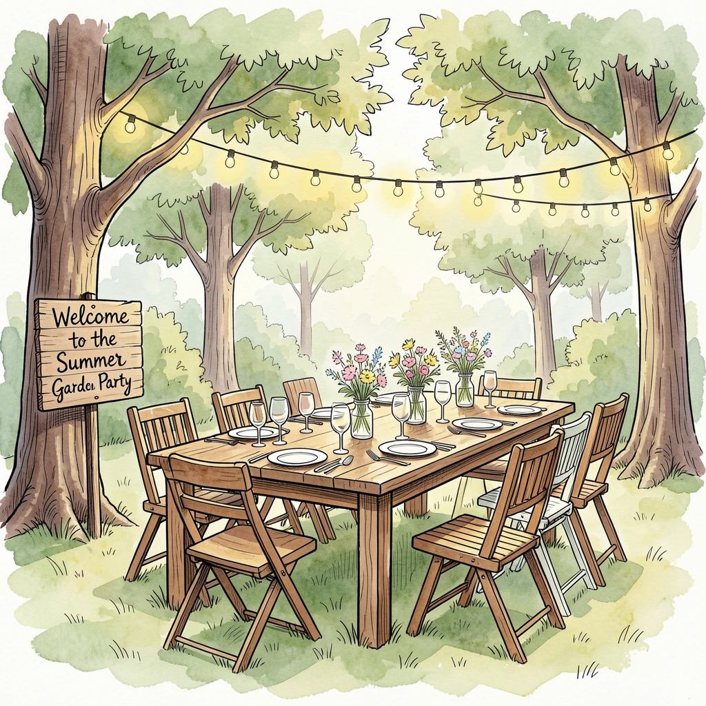 A summer garden party with string lights strung between trees and a long table set for guests