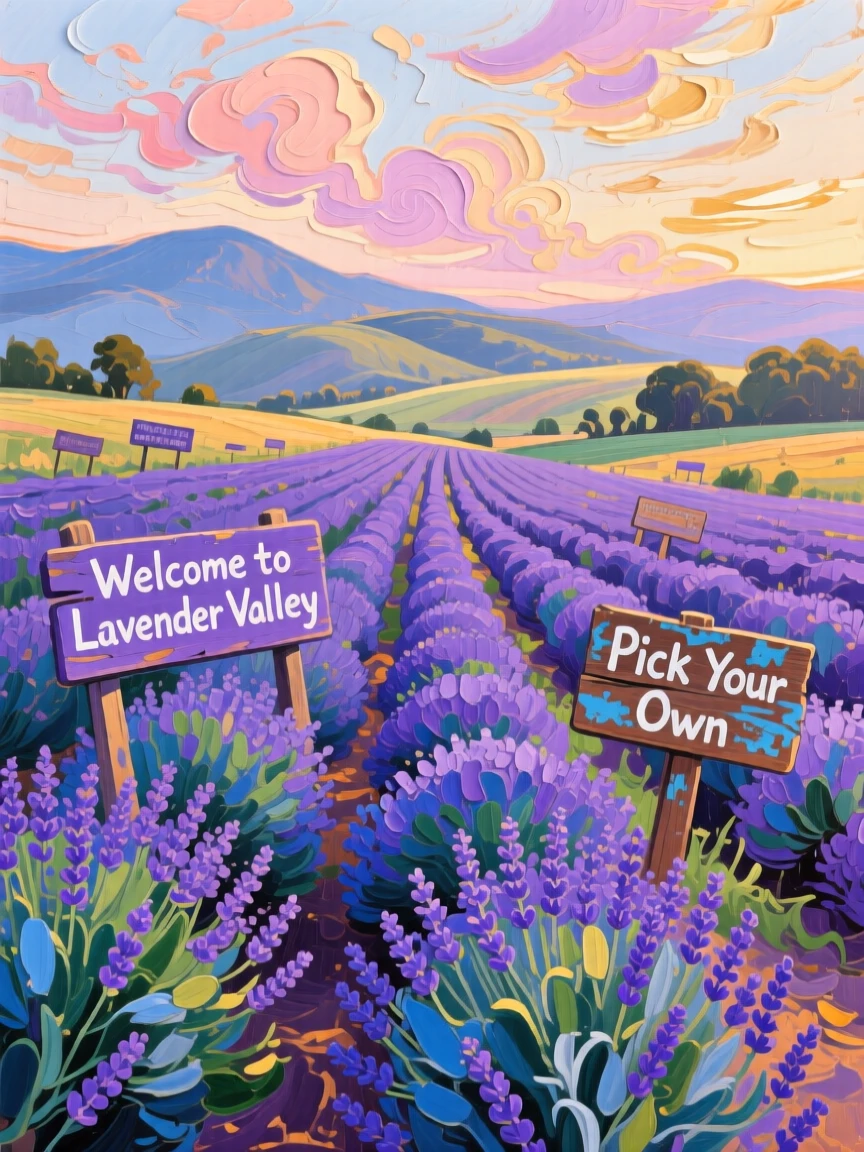 a lavender farm stretching toward distant hills, on a gentle summer evening, with layered visual detail from foreground to horizon.