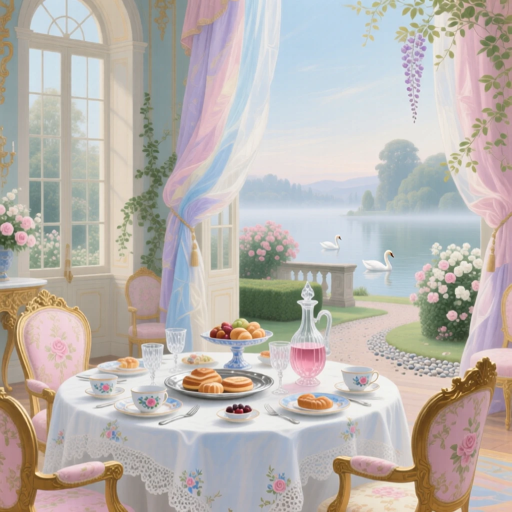A palace breakfast room overlooking a misty lake and swan-filled gardens  