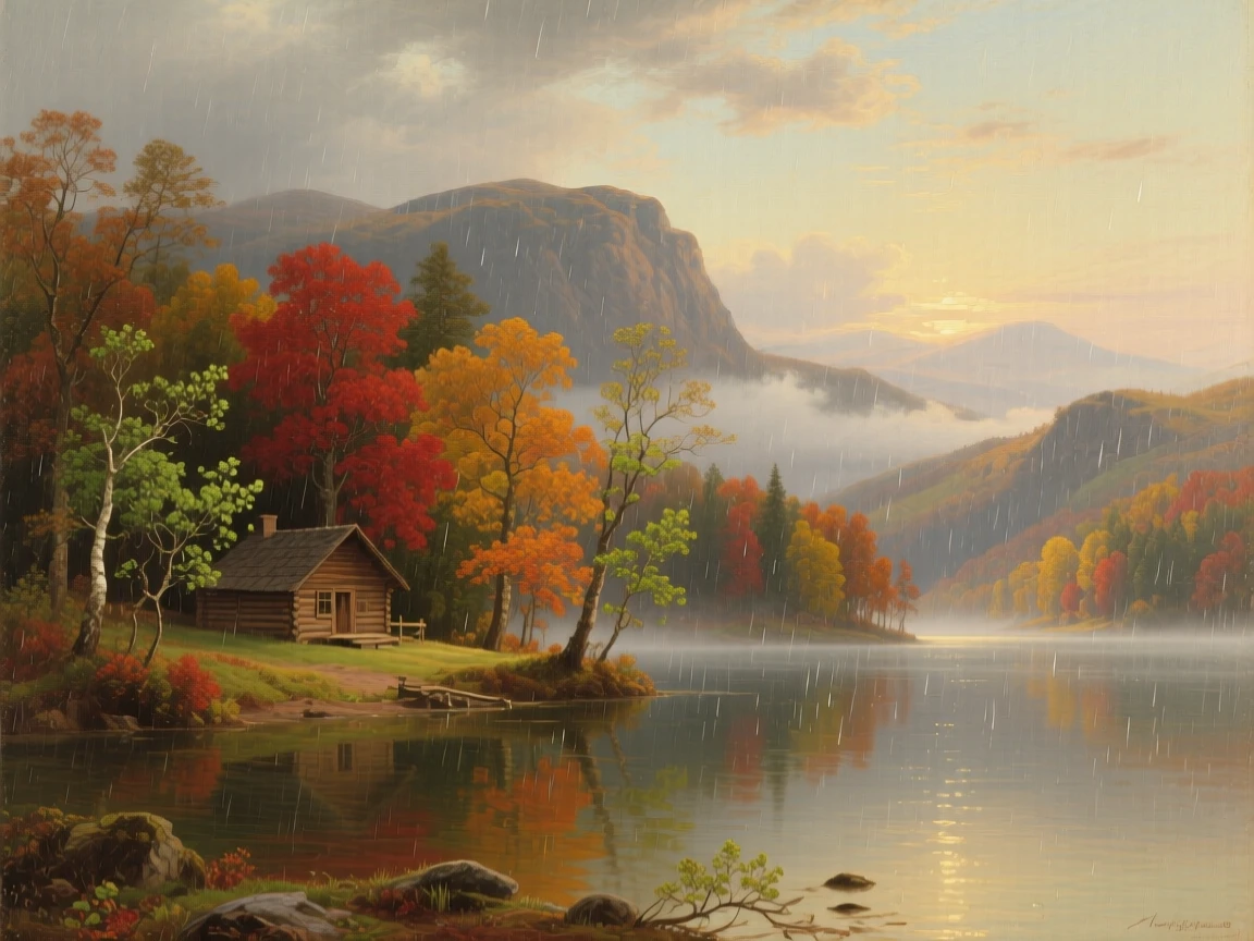 A gentle spring rain glow above a lakeside cabin in autumn as the seasons change.