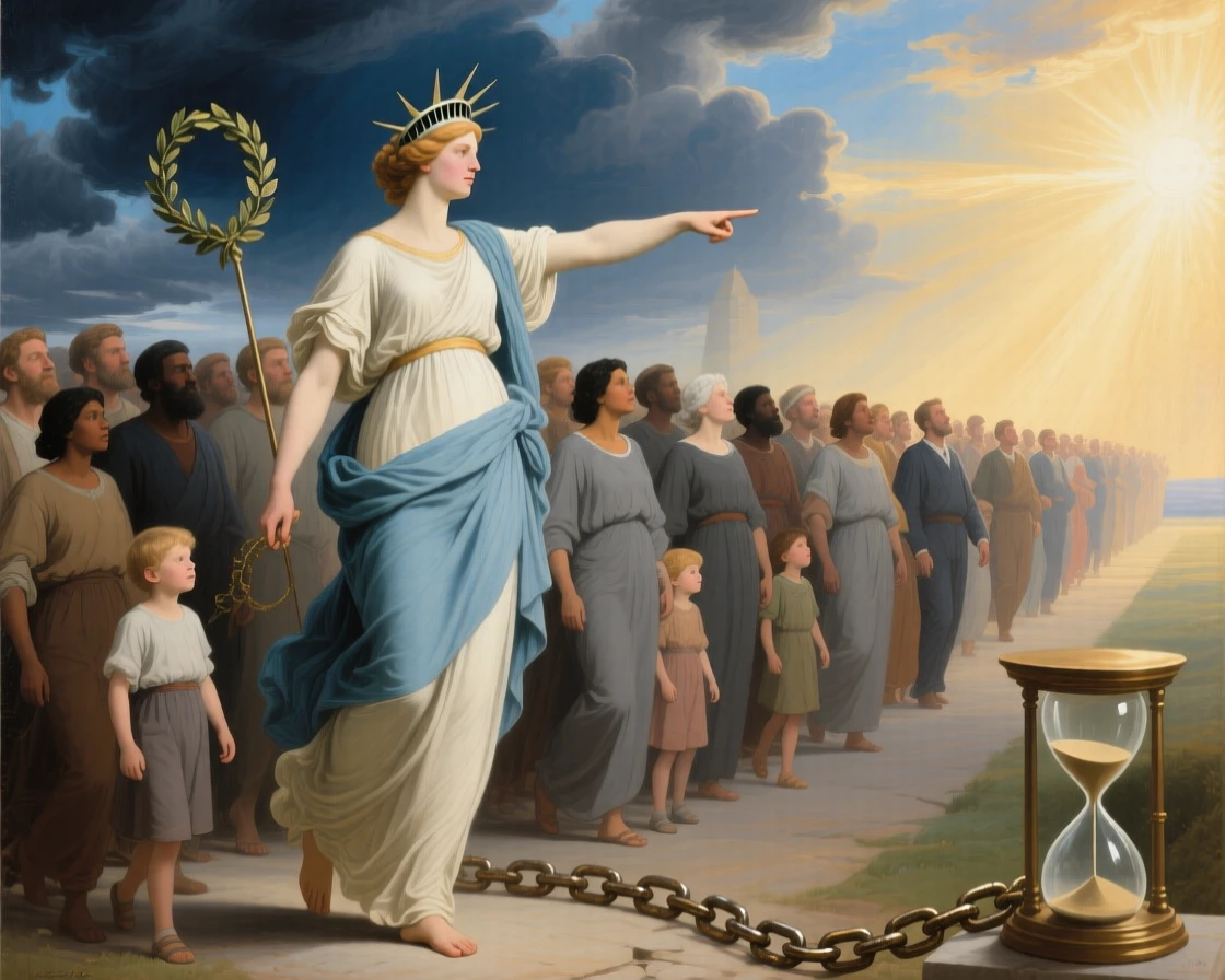 The spirit of Liberty leading a crowd toward the light in a moment charged with timeless symbolic meaning, set beneath a sky divided between storm and radiant light, with symbolic objects such as a broken chain, an hourglass, or a laurel wreath placed with quiet intention; radiating light from the central figure draws every eye inward, suggesting hope, transformation, and the endurance of the human spirit.