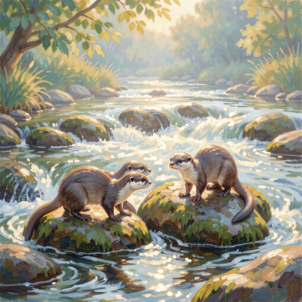 A family of otters playing on river rocks, sunlight sparkling on the rushing water around them.