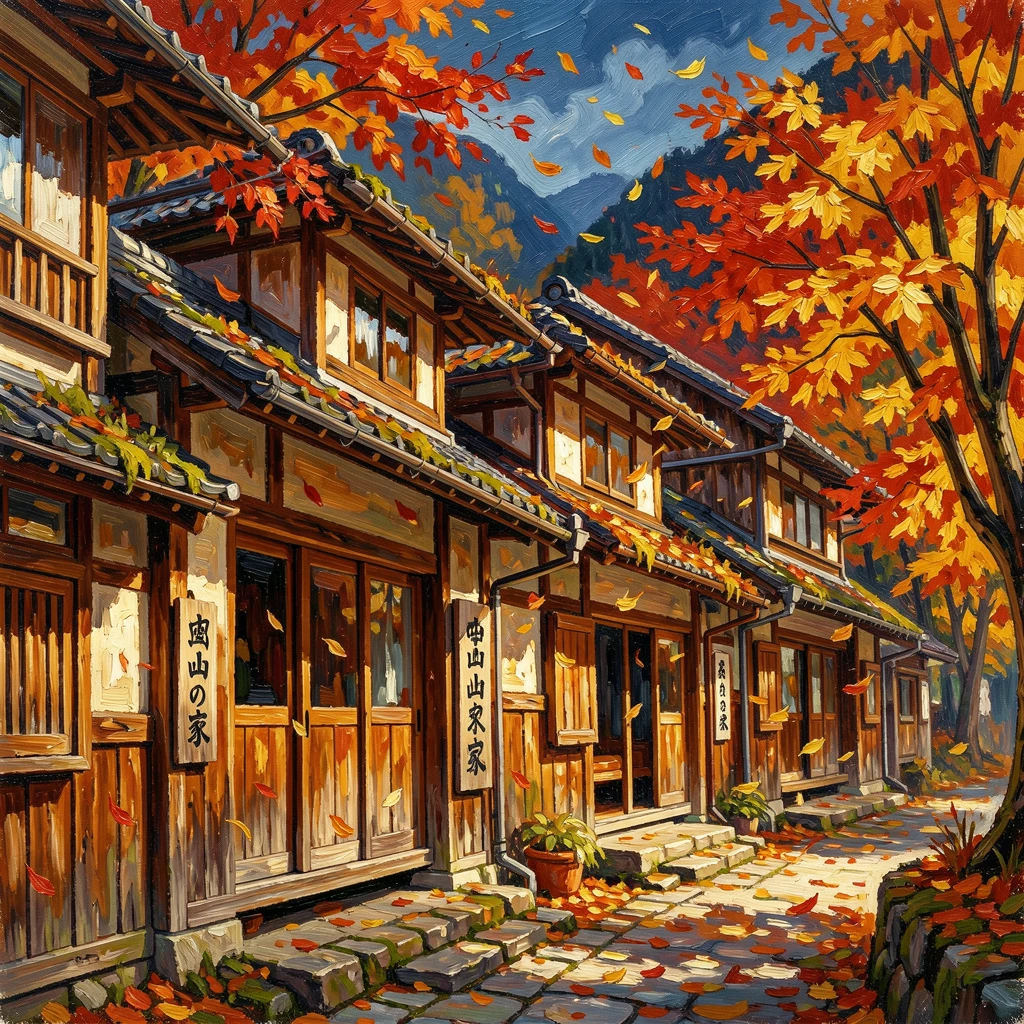 A row of traditional wooden houses in a Japanese mountain village during autumn.