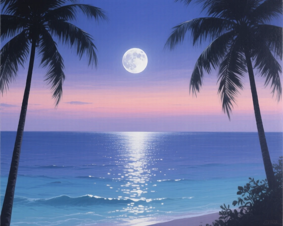 A peaceful moonrise glows silver over a calm ocean in the Maldives, palm silhouettes framing the scene as the last light of dusk fades to indigo, a faint haze softening the far horizon while nearer details remain crisp and vivid.