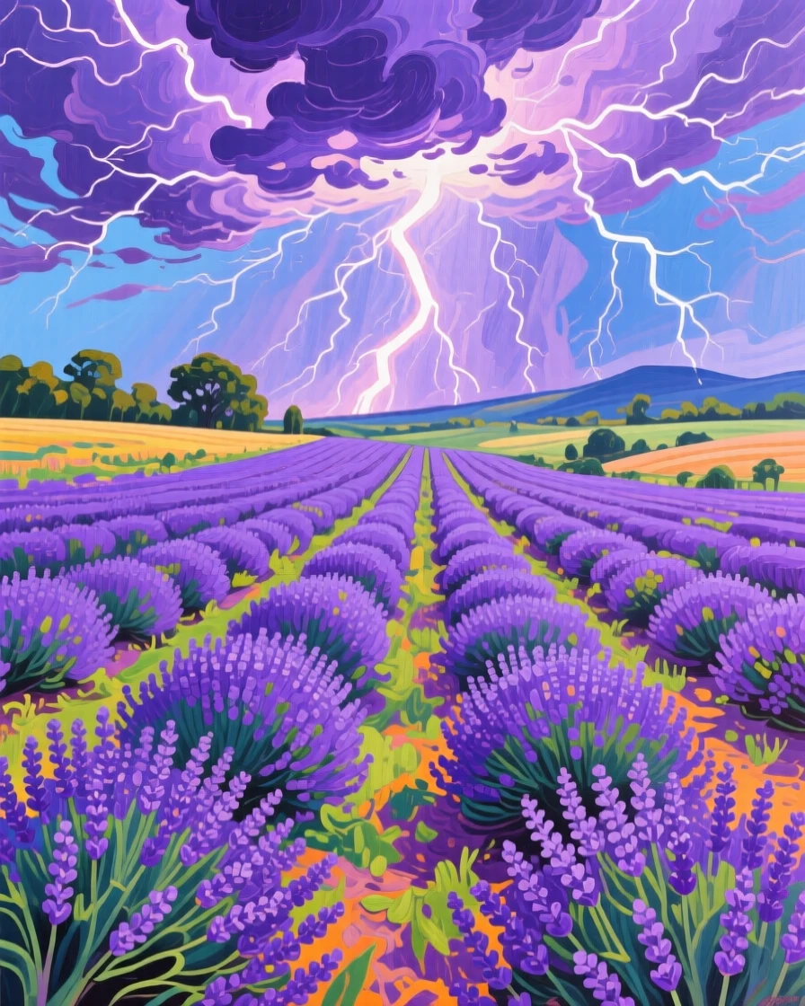A summer thunderstorm rolling over a lavender field, distant lightning illuminating the purple rows