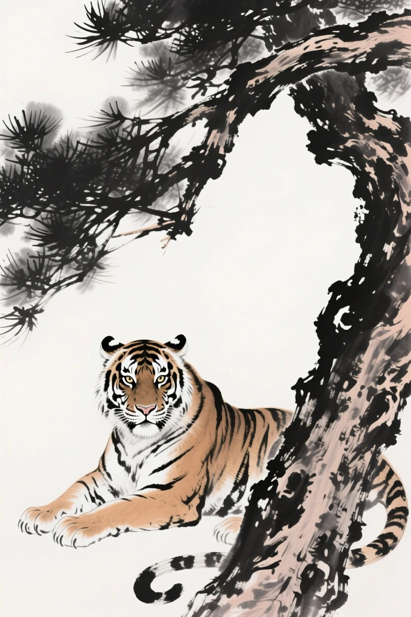 A tiger rests beneath the shade of an old pine tree, with its muscles tensed and eyes fixed ahead.