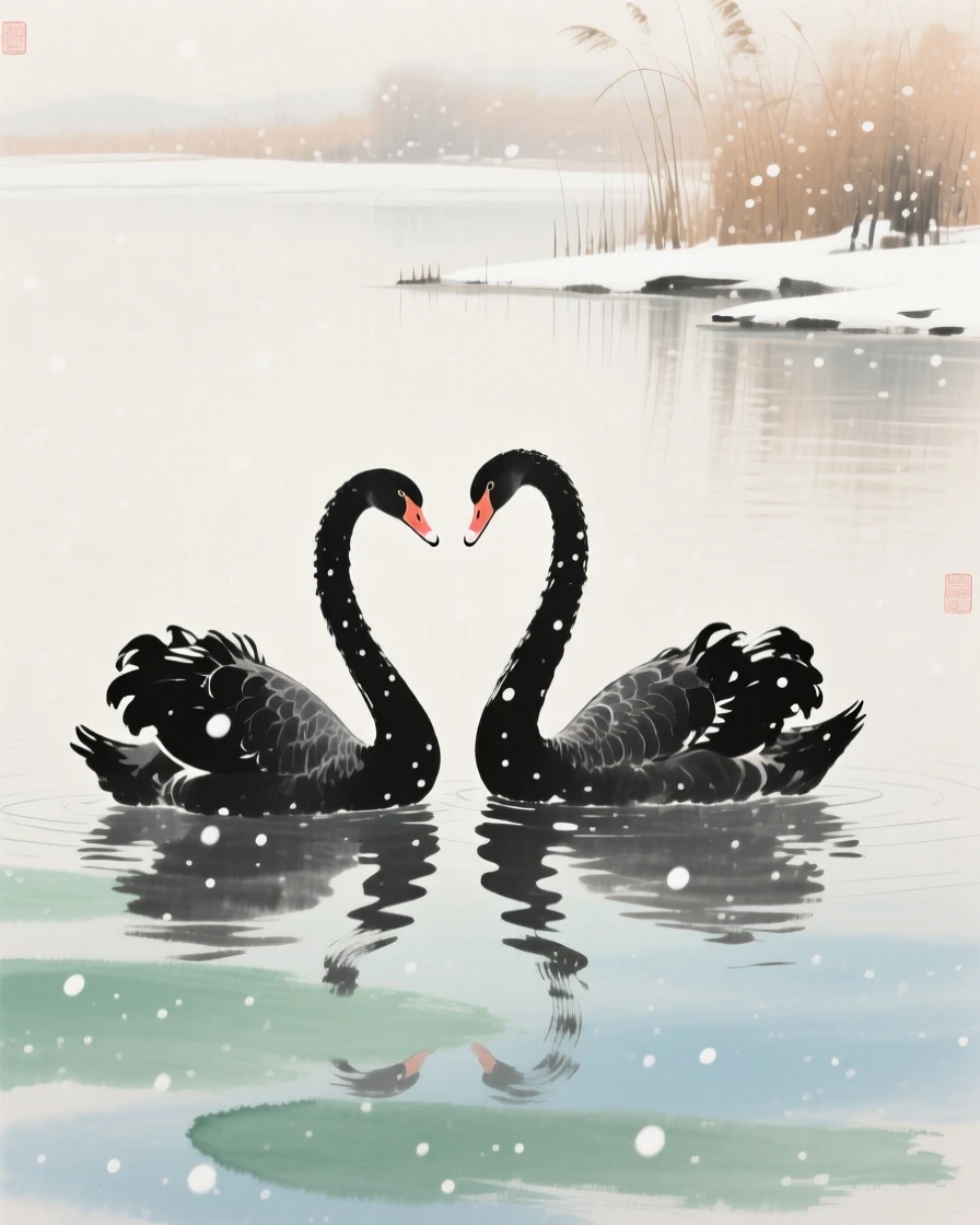 A pair of swans gliding side by side across a quiet lake, beneath softly falling snow.