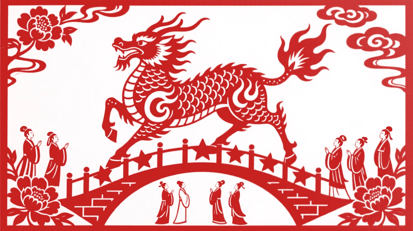 A guardian qilin, crossing a bridge of stars toward a waiting lover, as mortal onlookers watch in awe from below.