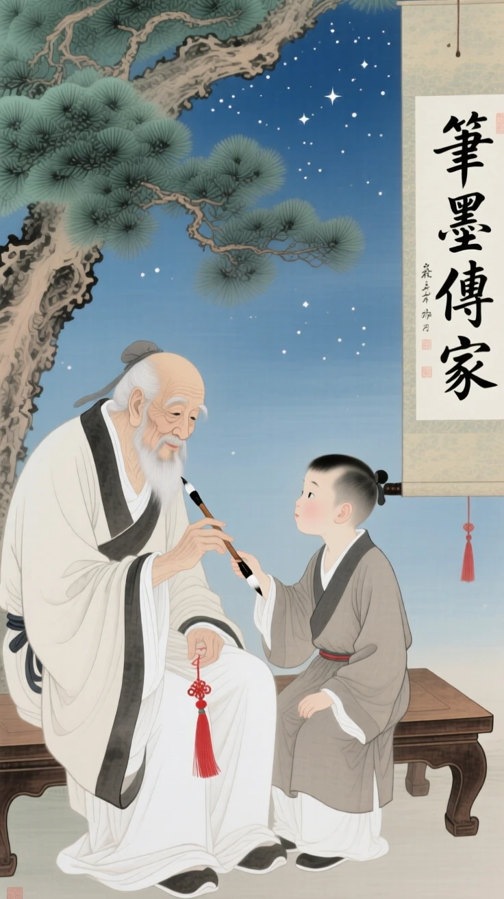 An old man passing down his calligraphy brush to his grandson, under a sky filled with the first stars of evening