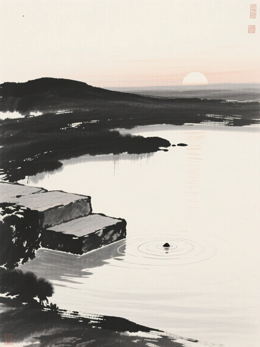 A single stone step leading into still water in the hush of early dawn, balanced with a single small detail against a quiet backdrop, capturing a fleeting, meditative moment of peace.