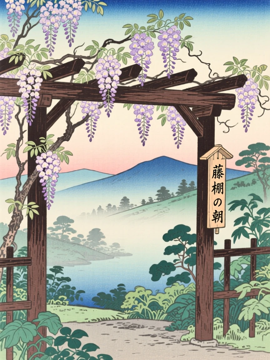 A wisteria-covered garden trellis, wrapped in a gentle morning mist.