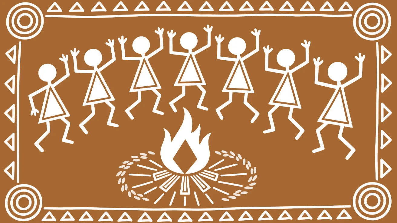 Pongal celebrated with dancers forming rows around a bonfire.