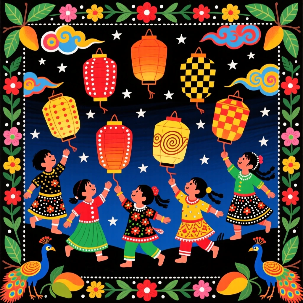 A group of children flying paper lanterns into a dark evening sky.