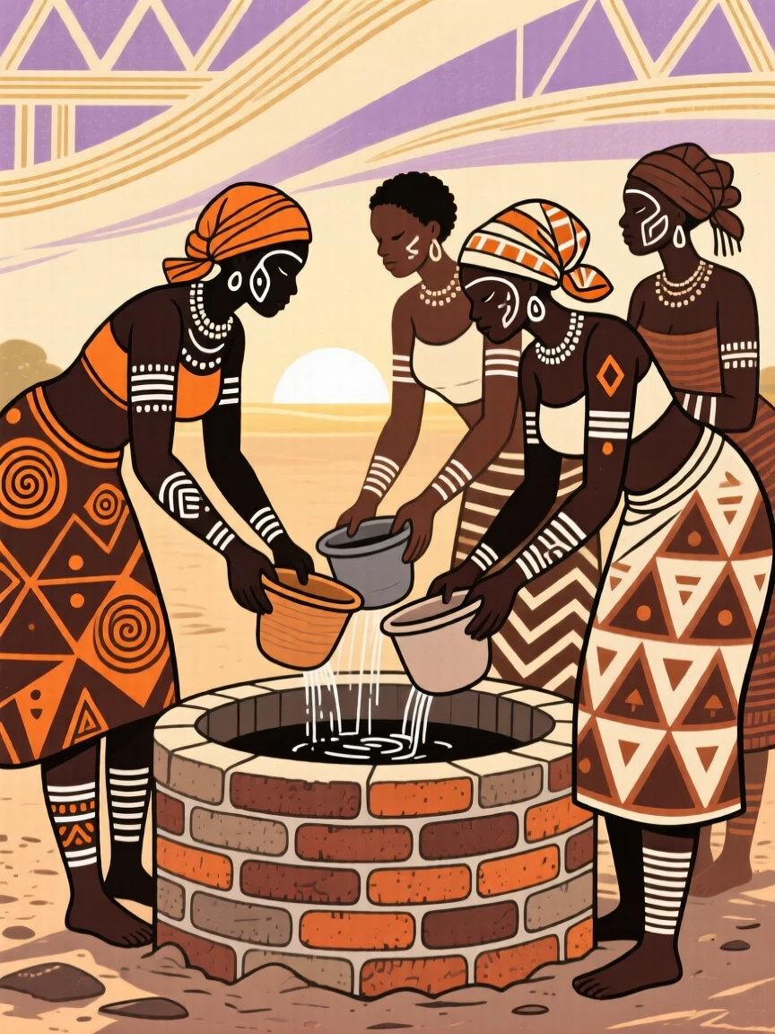A group of women fetching water from a well at dawn.