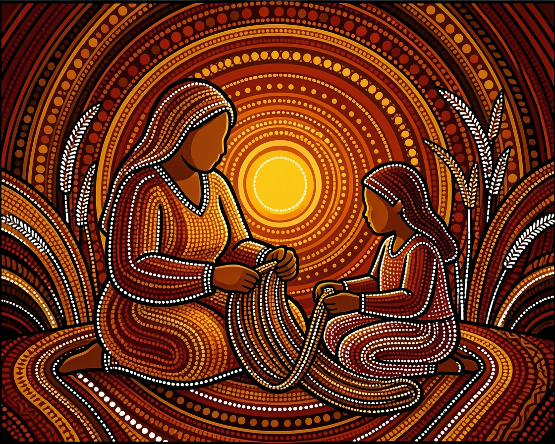A grandmother teaching a child to weave at sunrise