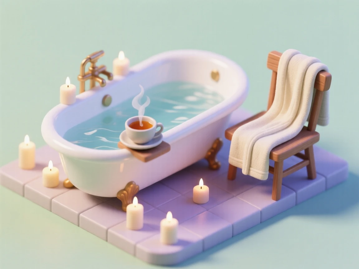 A cozy home spa evening with candles lit around a bathtub, a cup of tea on the ledge, and a robe draped over a nearby chair.