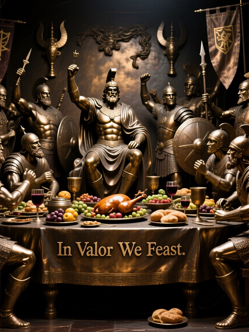 A great feast celebrating a hard-won victory, bathed in dramatic, atmospheric light, evoking legend and timeless drama