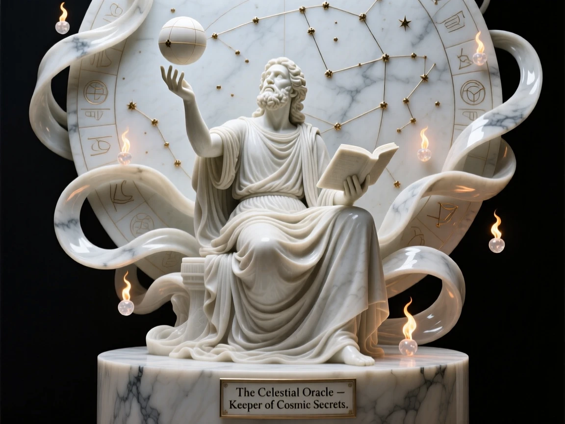 An epic scene of an ancient oracle reading the stars, surrounded by swirling light and floating embers, evoking myth and grandeur
