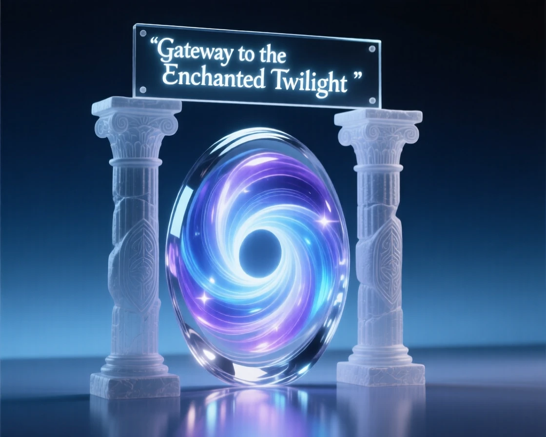 A magical portal glowing between two ancient stone pillars under a twilight sky filled with two moons, atmospheric fog rolling through the scene, feeling mysterious and enchanting.