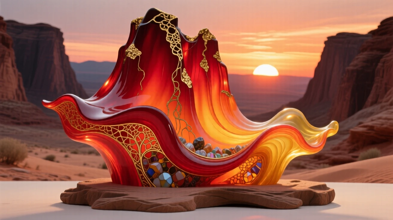 A dramatic red rock formation glowing at sunset in a vast desert canyon, iconic and vivid.
