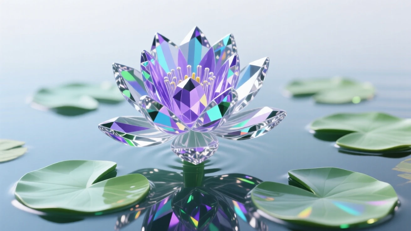A single water hyacinth floating gently among lily pads in a calm pond.