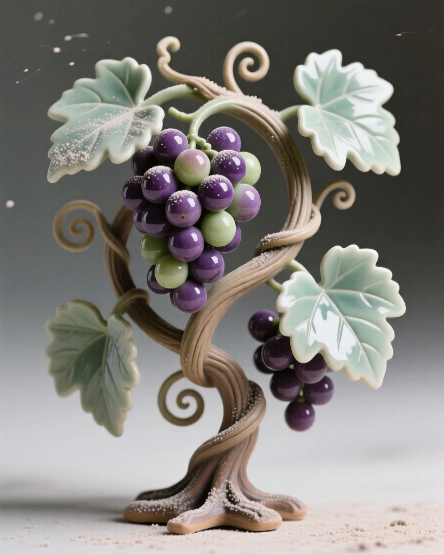 A twisting vine heavy with grapes caught mid-sway in a gentle breeze, dusted with fine pollen, capturing a fleeting, delicate moment in bloom.