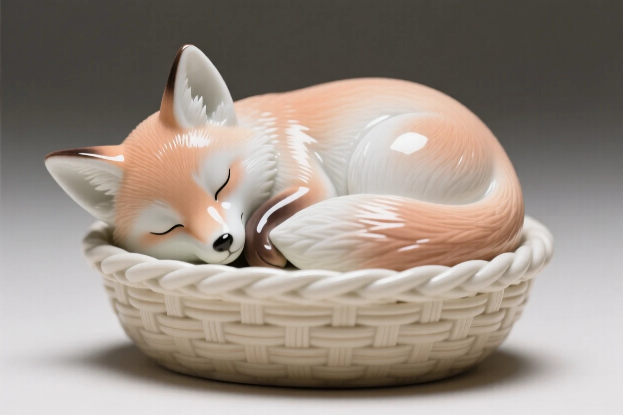 A tiny fox kit curled up asleep in a woven basket, radiating quiet, gentle charm.