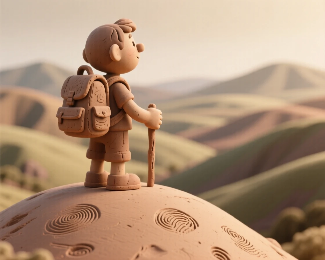A traveler standing atop a hill, backpack in hand, gazing at a valley