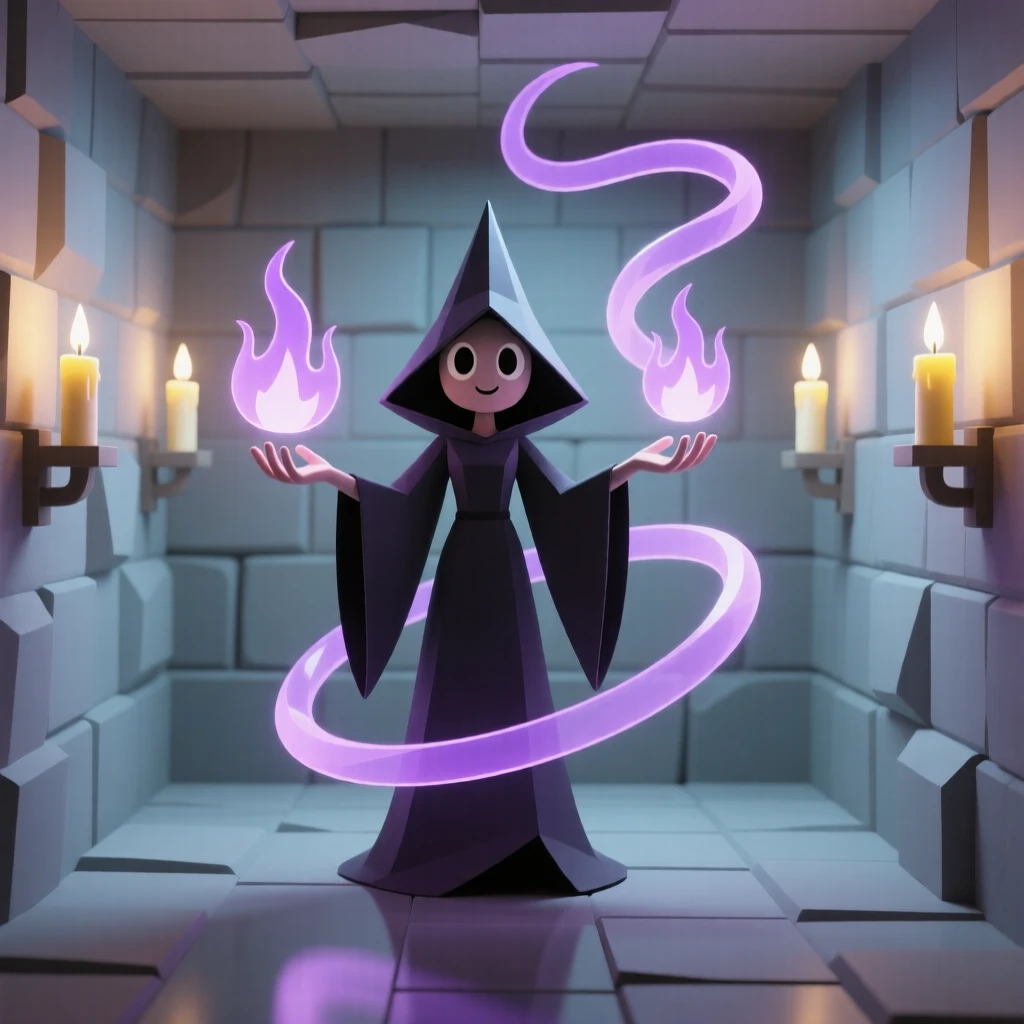 A powerful sorceress conjures swirling purple flames from her fingertips inside a candlelit stone chamber.