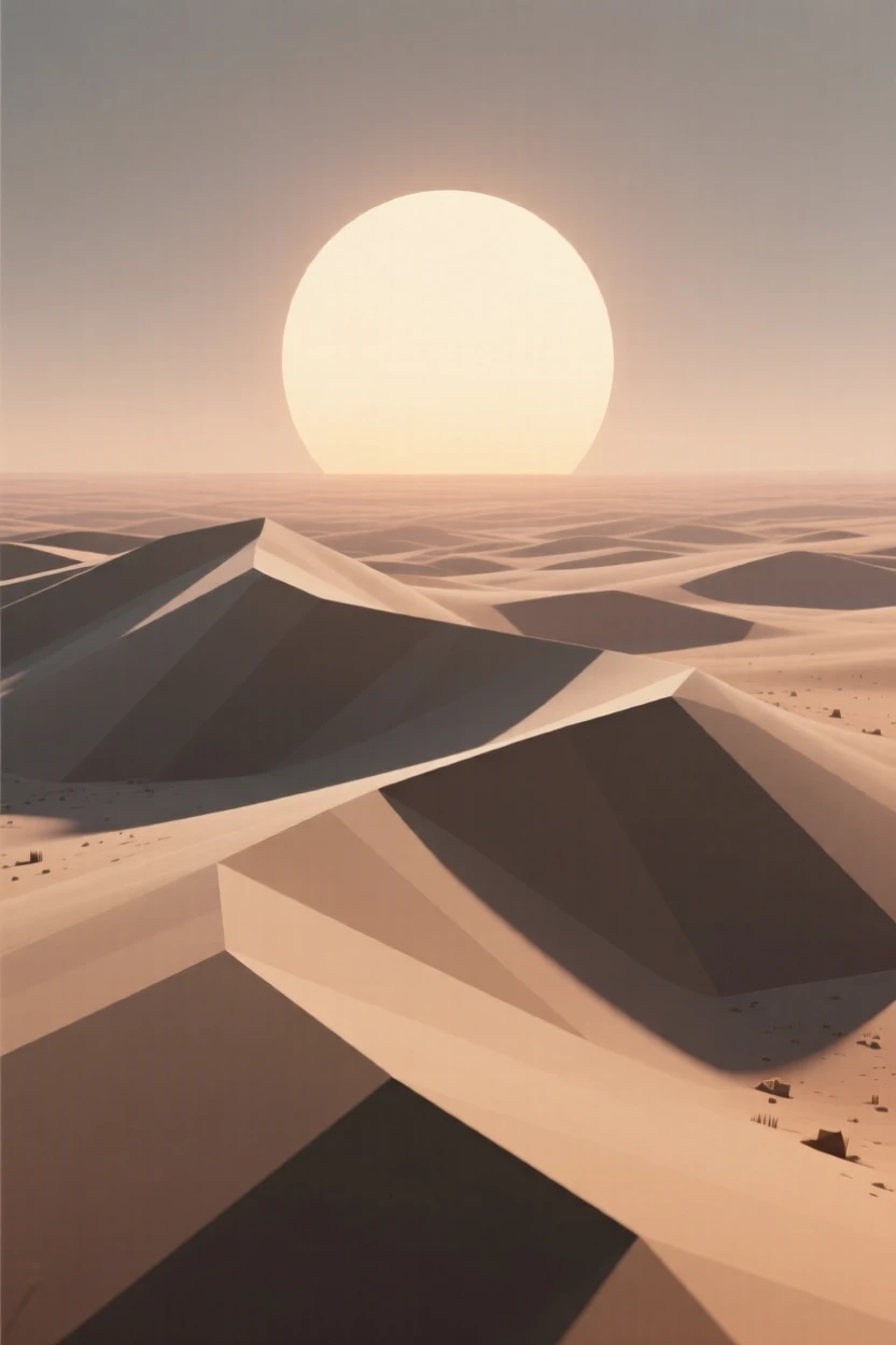 A vast desert dune under a blazing sky, as the sun begins to rise. the composition uses a wide, sweeping perspective. The atmosphere is dramatic and powerful.
