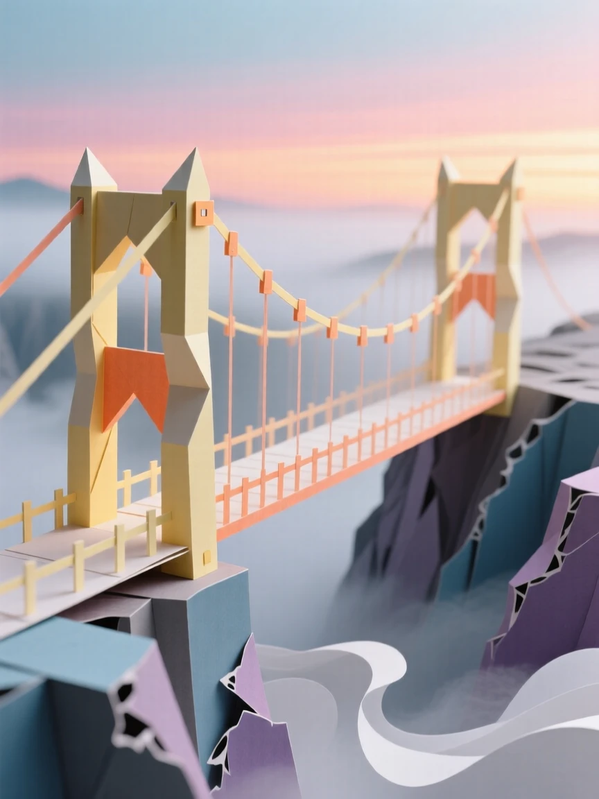 A dramatic suspension bridge stretching across a foggy canyon at sunrise, cables glowing with the first light of day, evoking engineering marvel and scale.