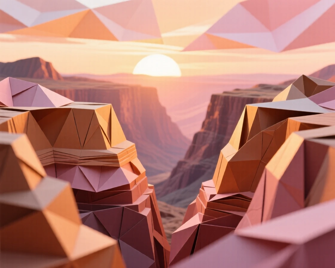 A dramatic canyon at sunrise, layers of rock glowing in shades of amber and rose.